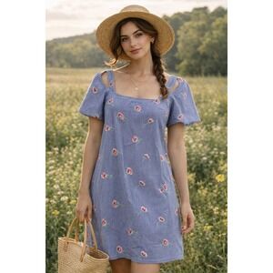 Bobeau Cottagecore Prairie Dress Blue Pinstripe Floral Embroidery Spring SZ L